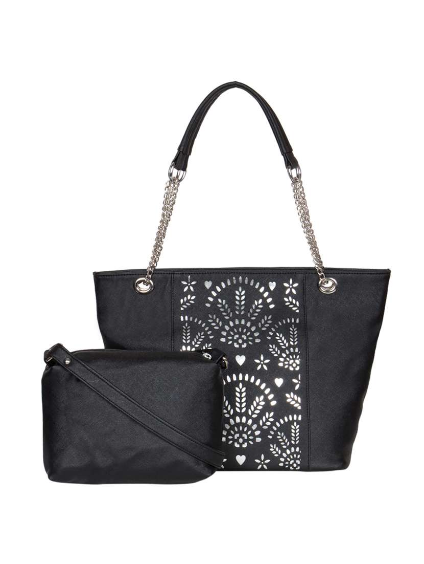 black leatherette cutwork handbag and pouch combo