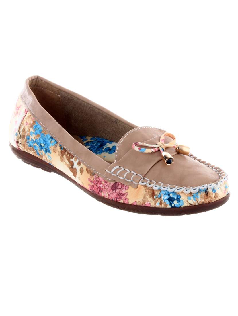 brown fabric floral moccasin