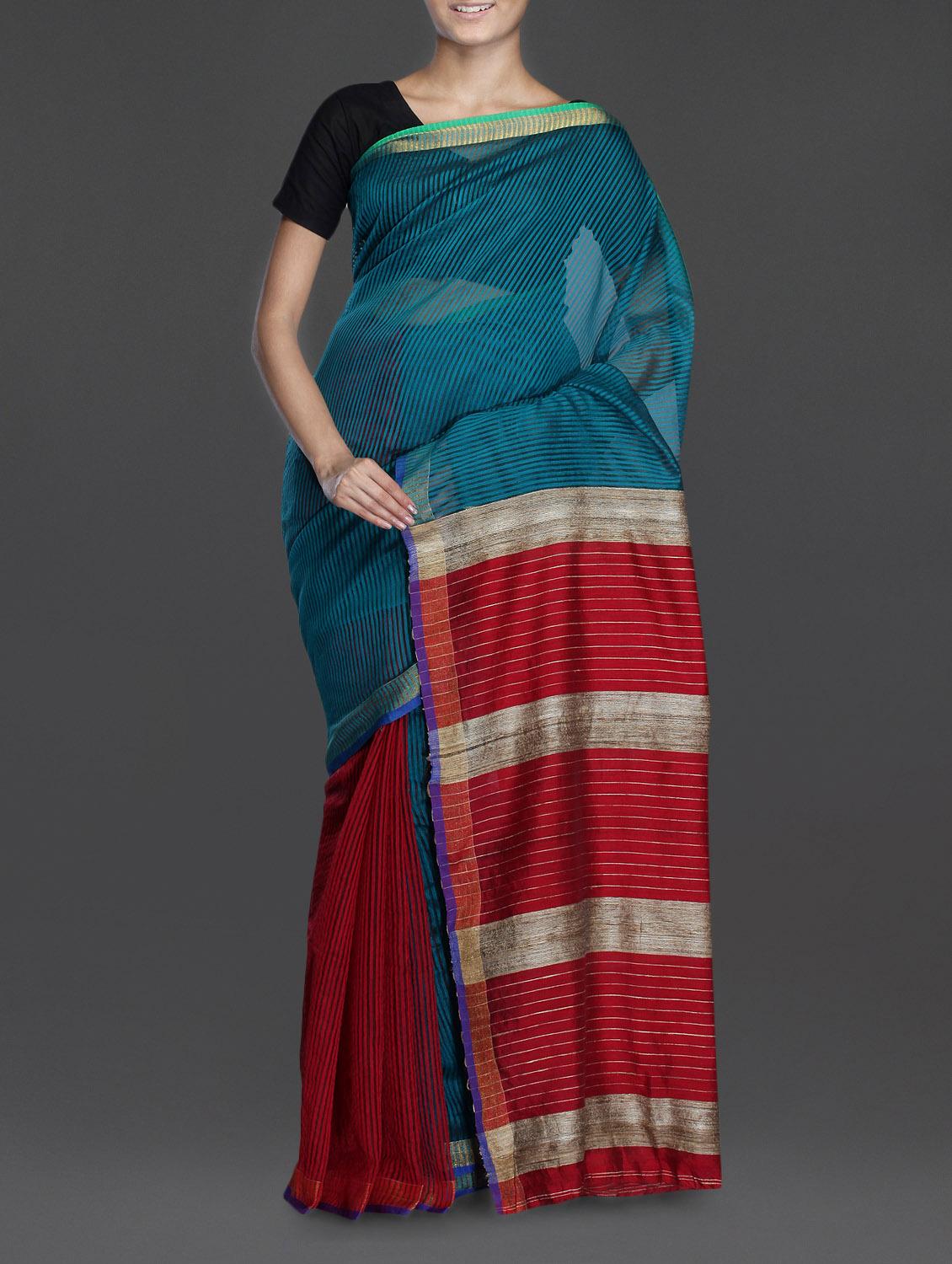 Bluish Green Handwoven Noel Saree With Gheecha Aanchal - Cotton Koleksi