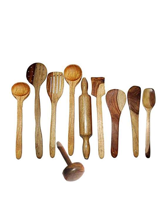 multi colored wood kitchen tool set