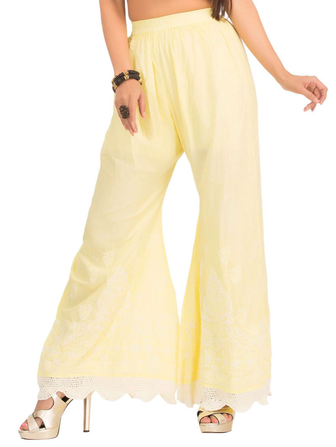 Pastel Yellow Cotton Chikankari Embroidered Palazzos