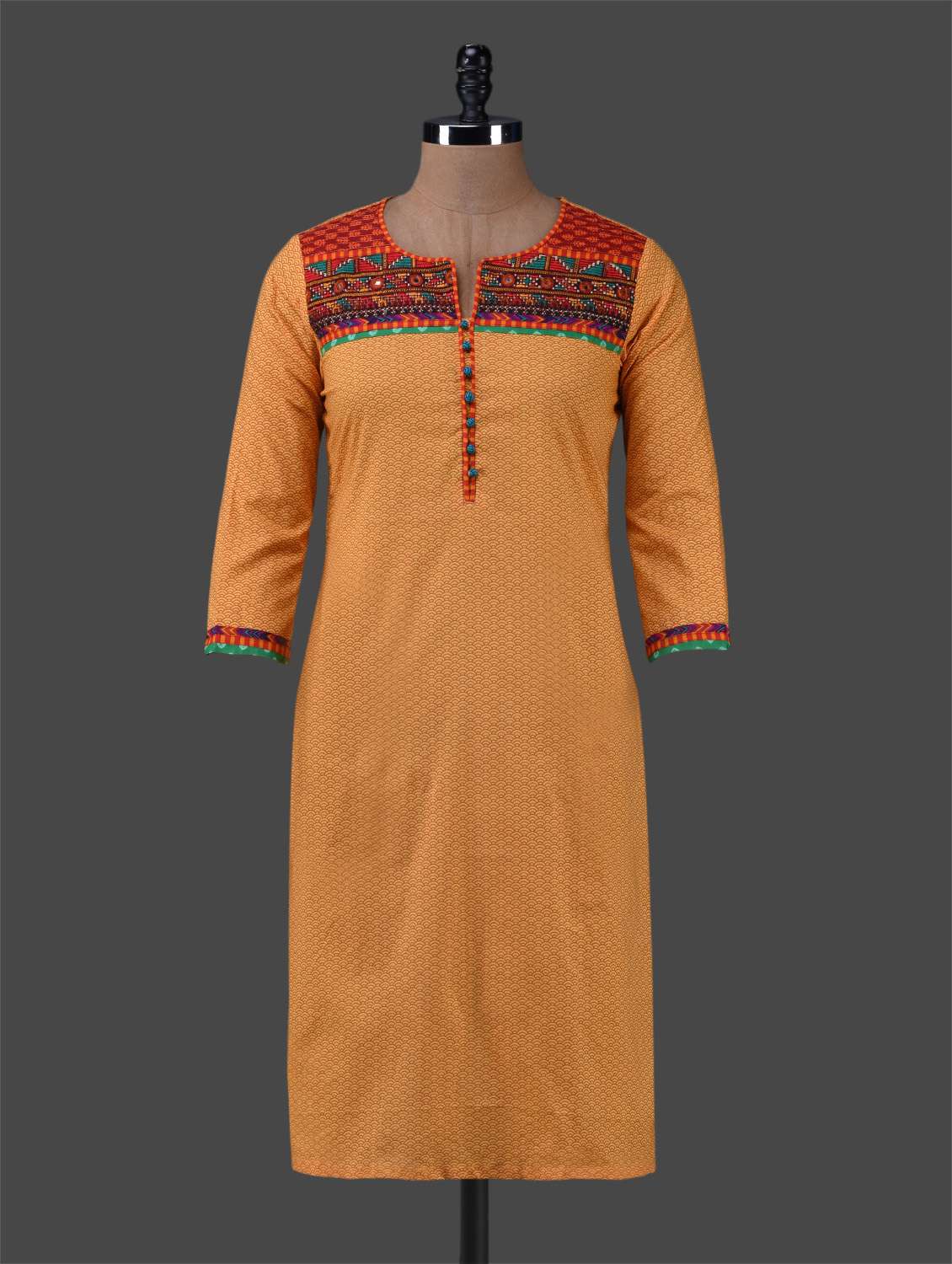 yellow yoke printed embroidered cotton kurta