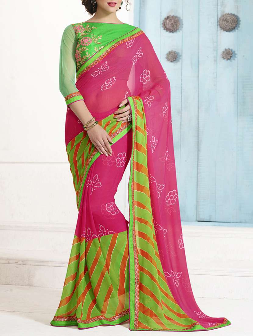 pink printed georgette saree
