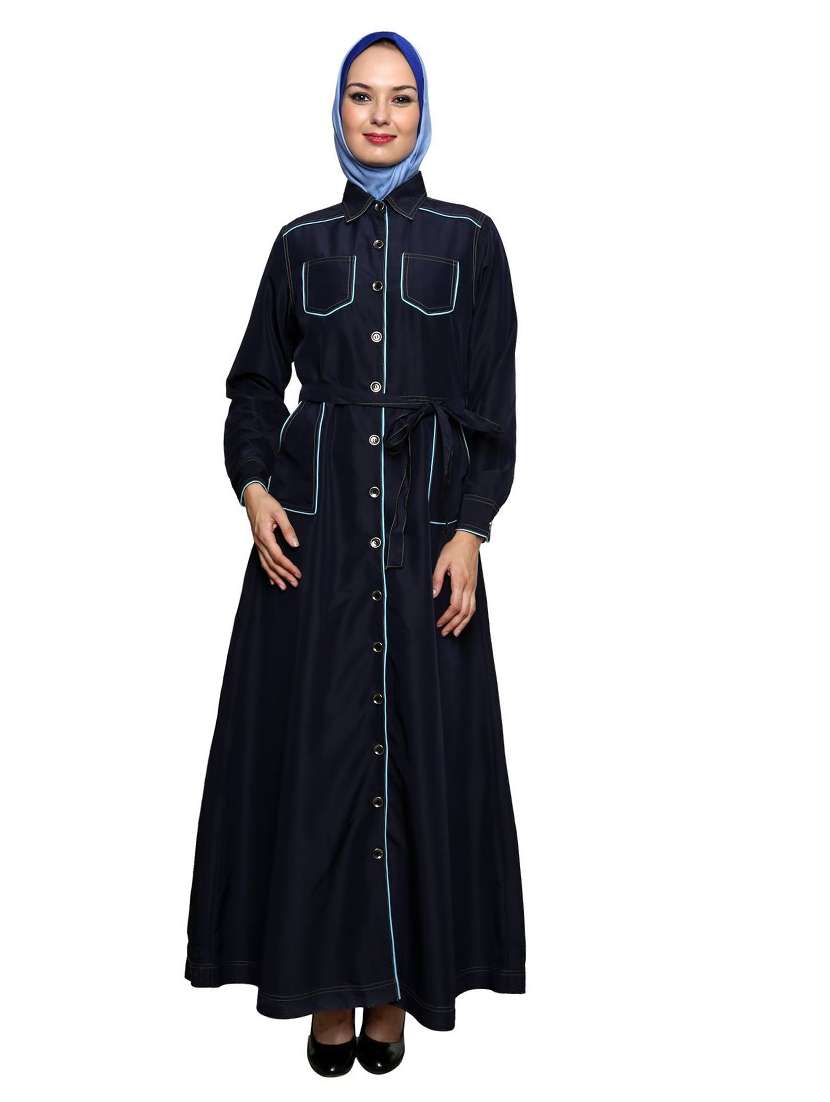 solid navy blue abaya with waist belt