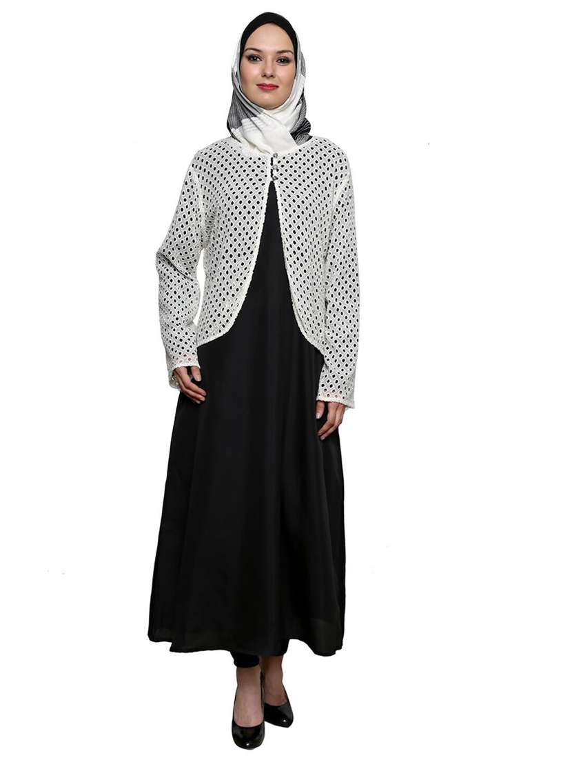 black abaya with white shrug