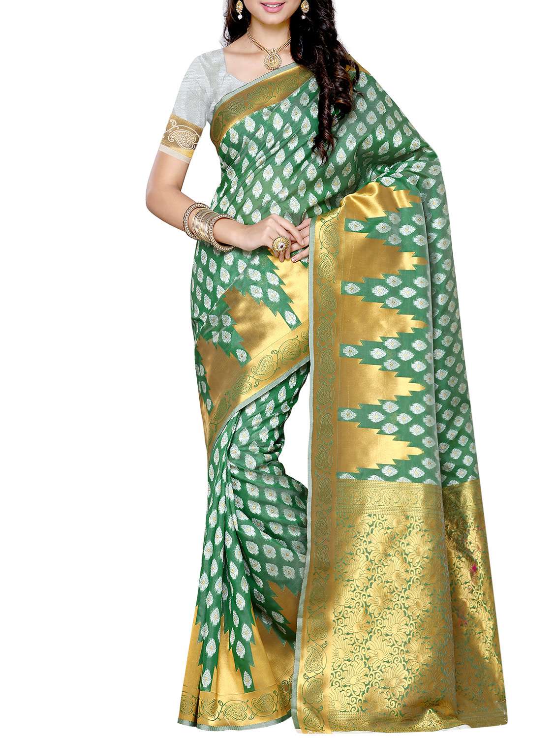 women's self design sea green colored saree with blouse