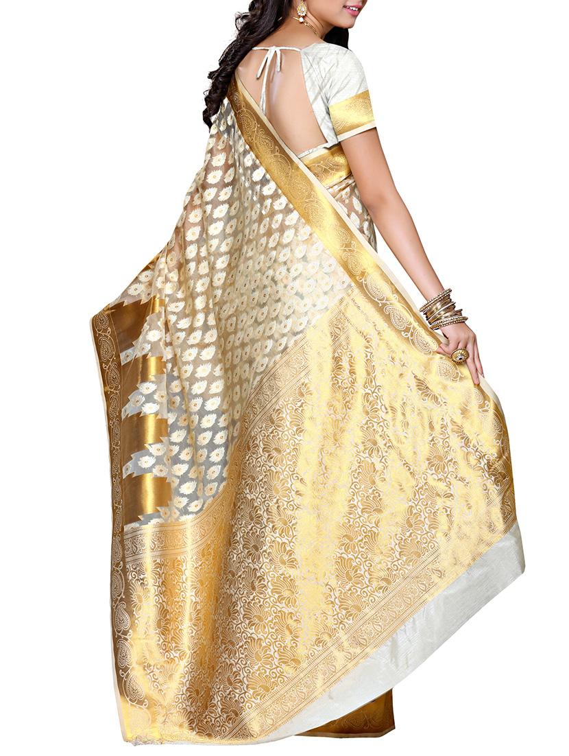 white silk blend saree with blouse - 11578179 -  Standard Image - 1