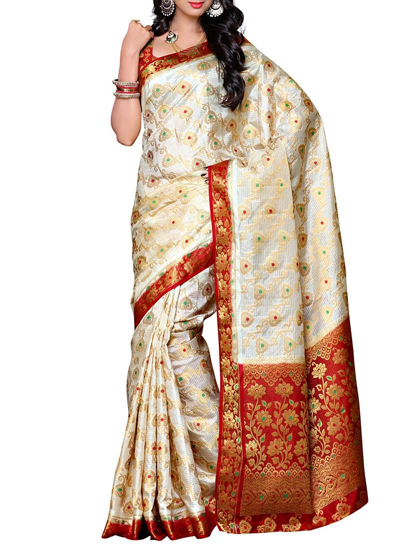 white silk blend saree with blouse