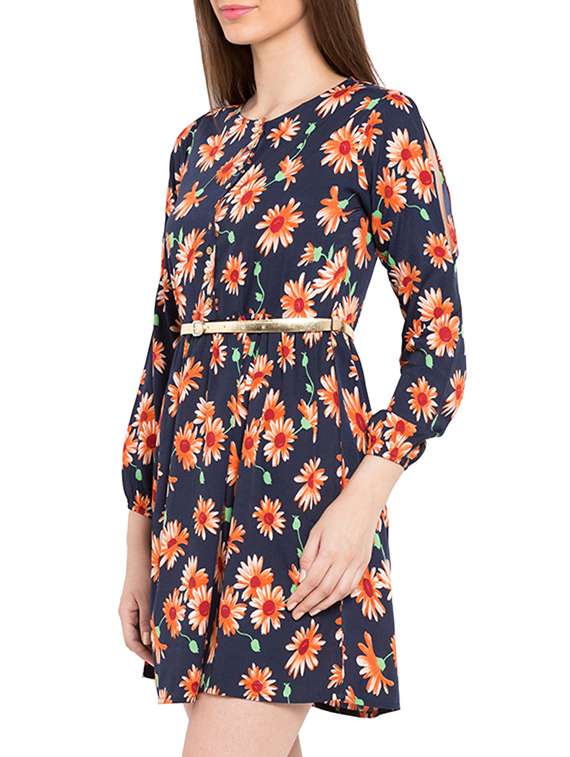 navy blue crepe floral print belted dress - 11586055 -  Standard Image - 1