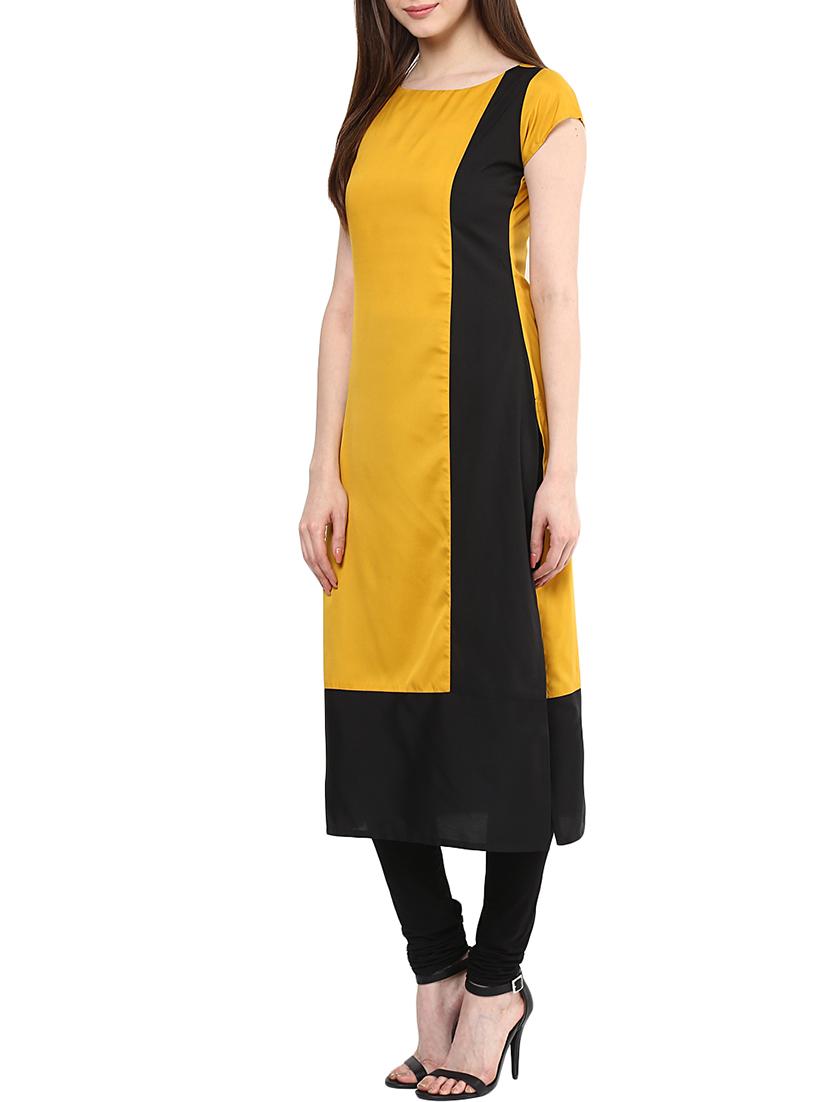 yellow crepe color block straight kurta - 11587403 - Standard Image - 1