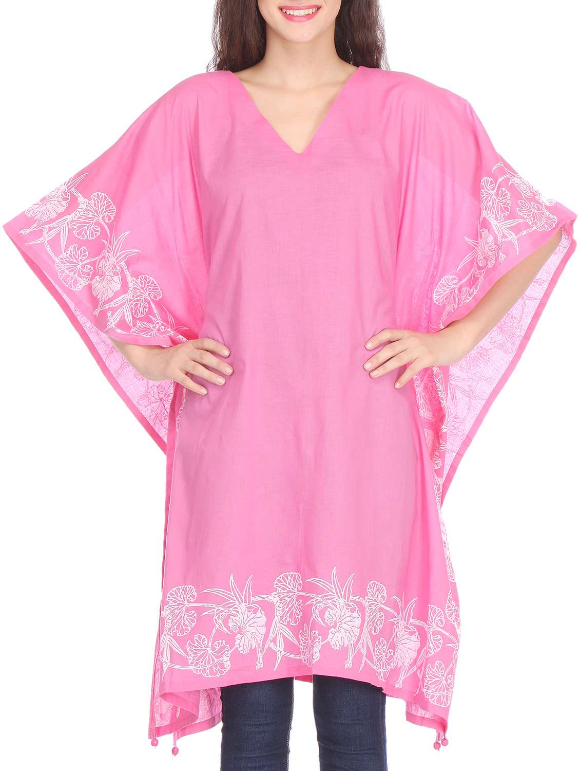 Pink hand block print cotton kaftan