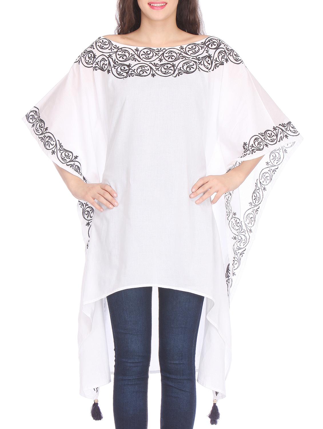 White hand block print cotton kaftan