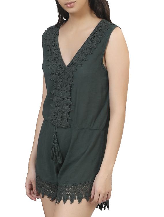 solid bottle green cotton romper - 11608347 -  Standard Image - 1