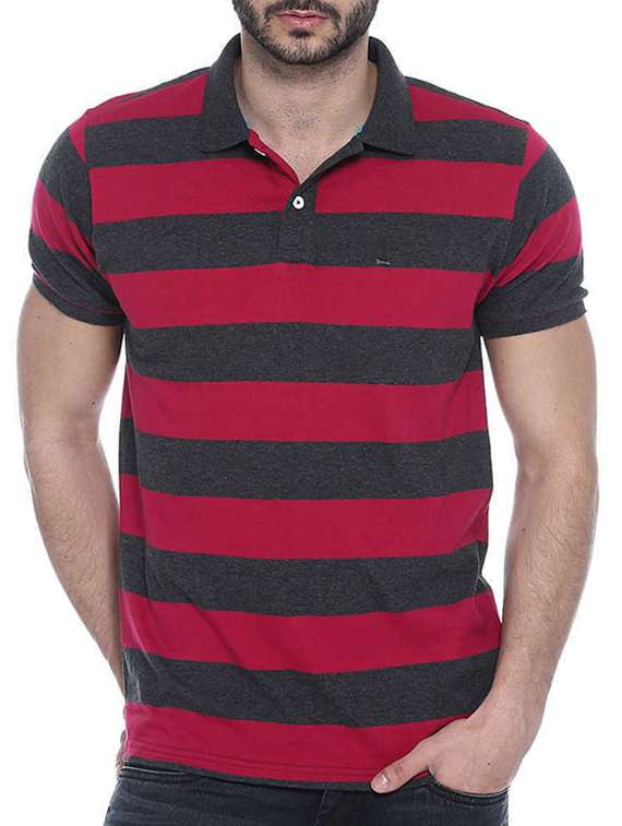 red and charcoal grey striped cotton t-shirt