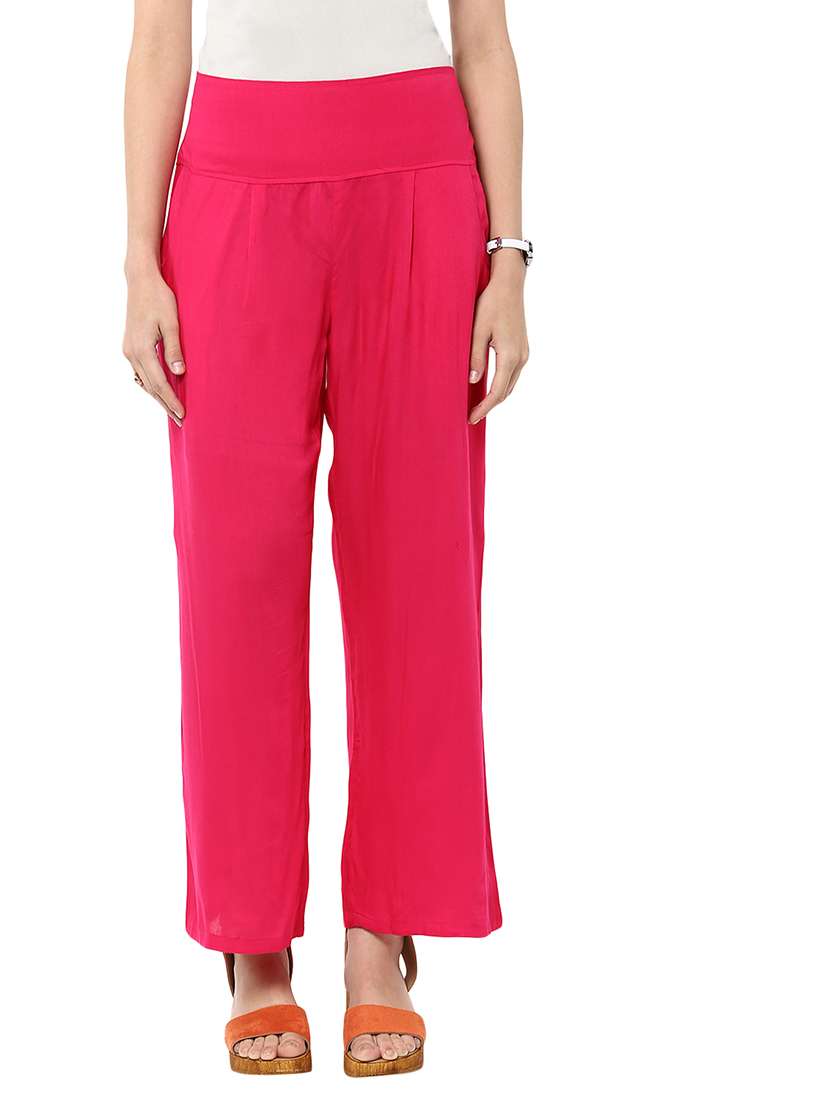 women solid pleated wide leg trouser