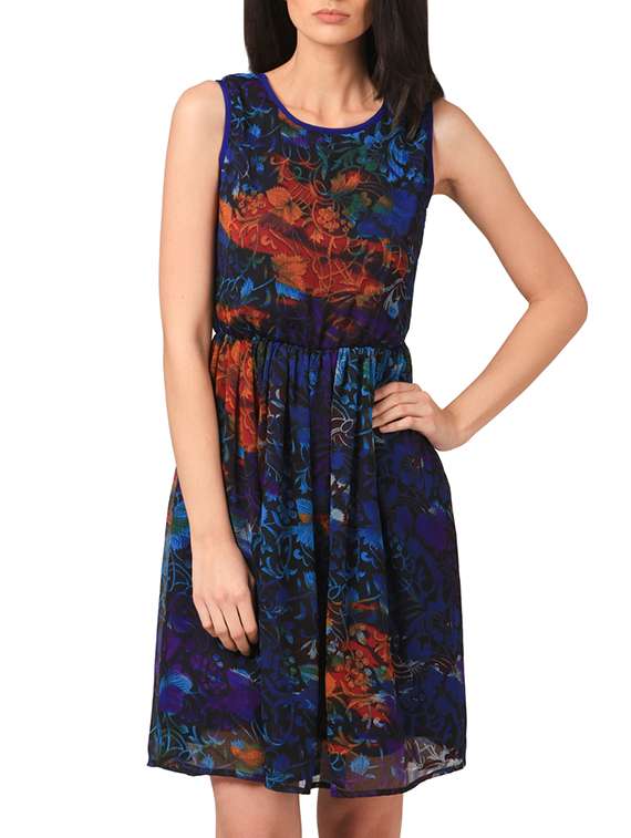 navy blue chiffon fit & flare dress