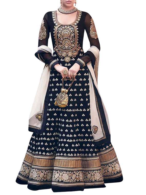 blacck embroidered georgette un-stitched suit set