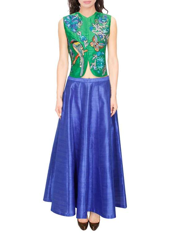 green embroidered banglori silk lehenga