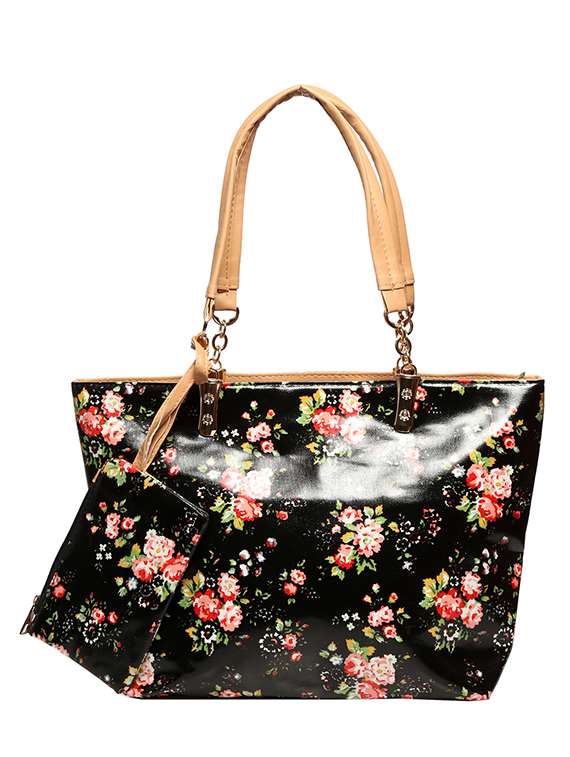 black leatherette floral printed tote