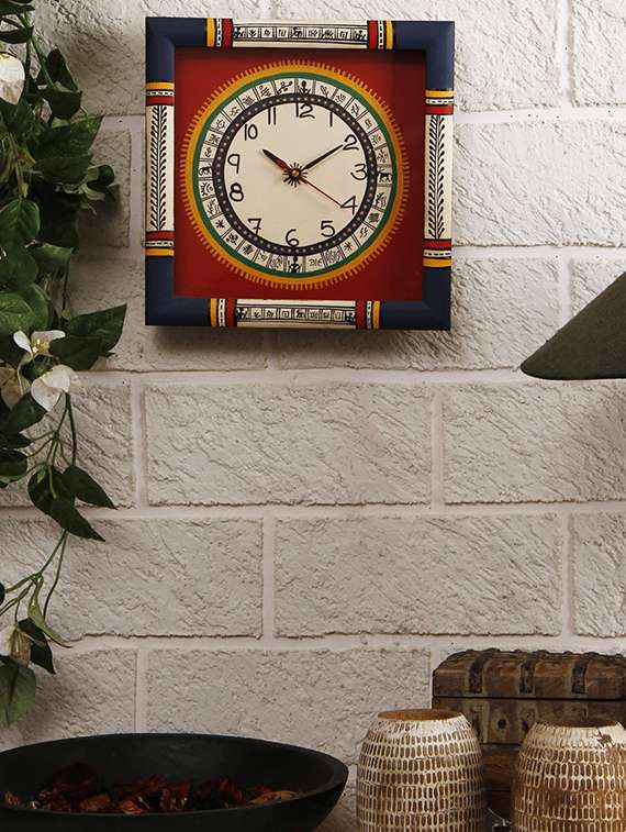 multi-coloured warli painted wooden wall clock