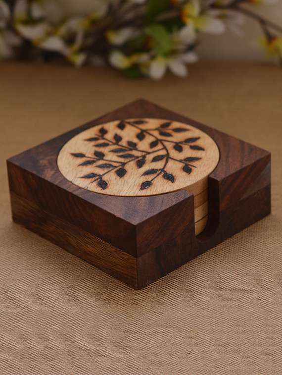 brown wooden burnt coaster set