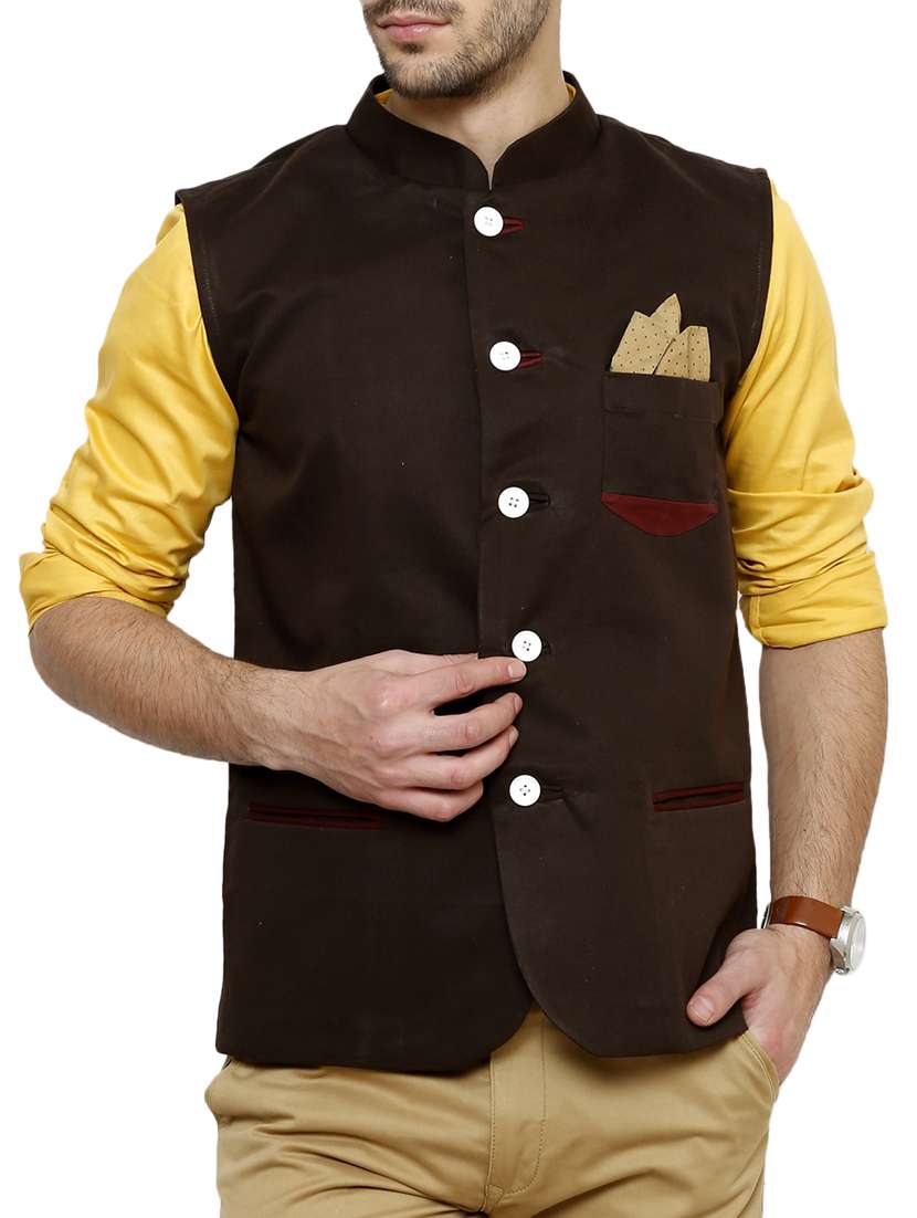 solid brown cotton nehru jacket