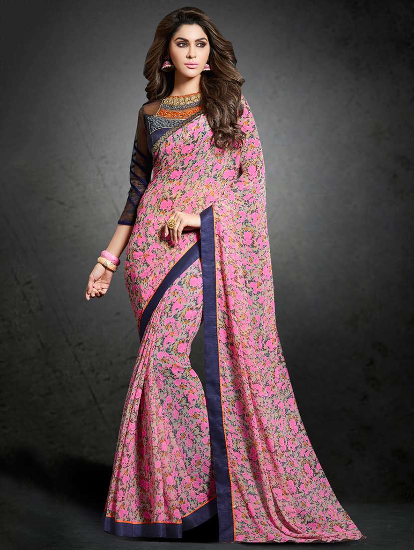 pink georgette floral print saree