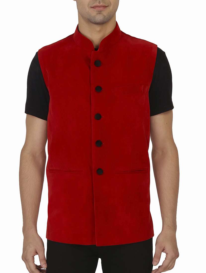 solid red velvet nehru jacket