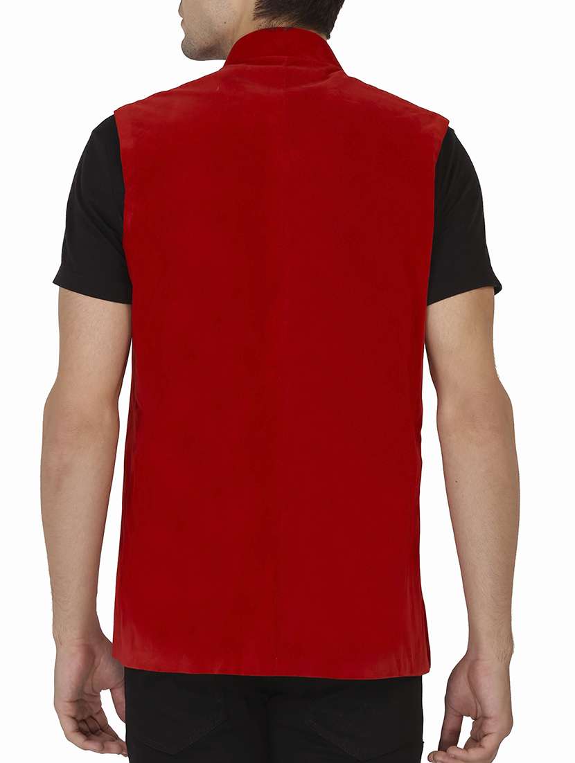 solid red velvet nehru jacket - 11714760 -  Standard Image - 1