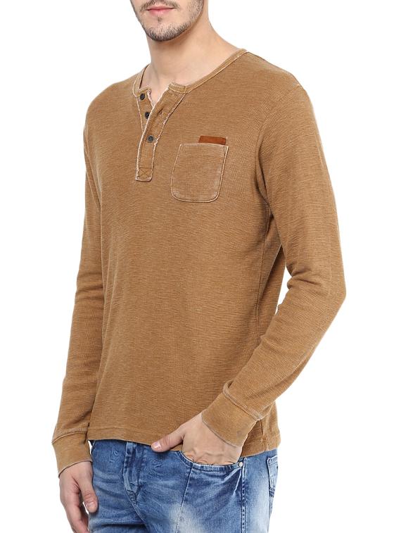 solid brown cotton henley t-shirt - 11716079 - Standard Image - 1