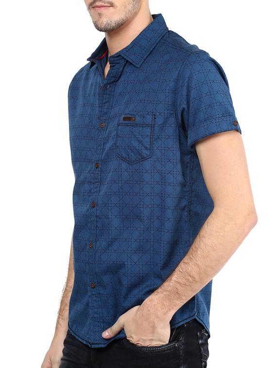 dark blue geometric cotton casual shirt - 11716606 - Standard Image - 1