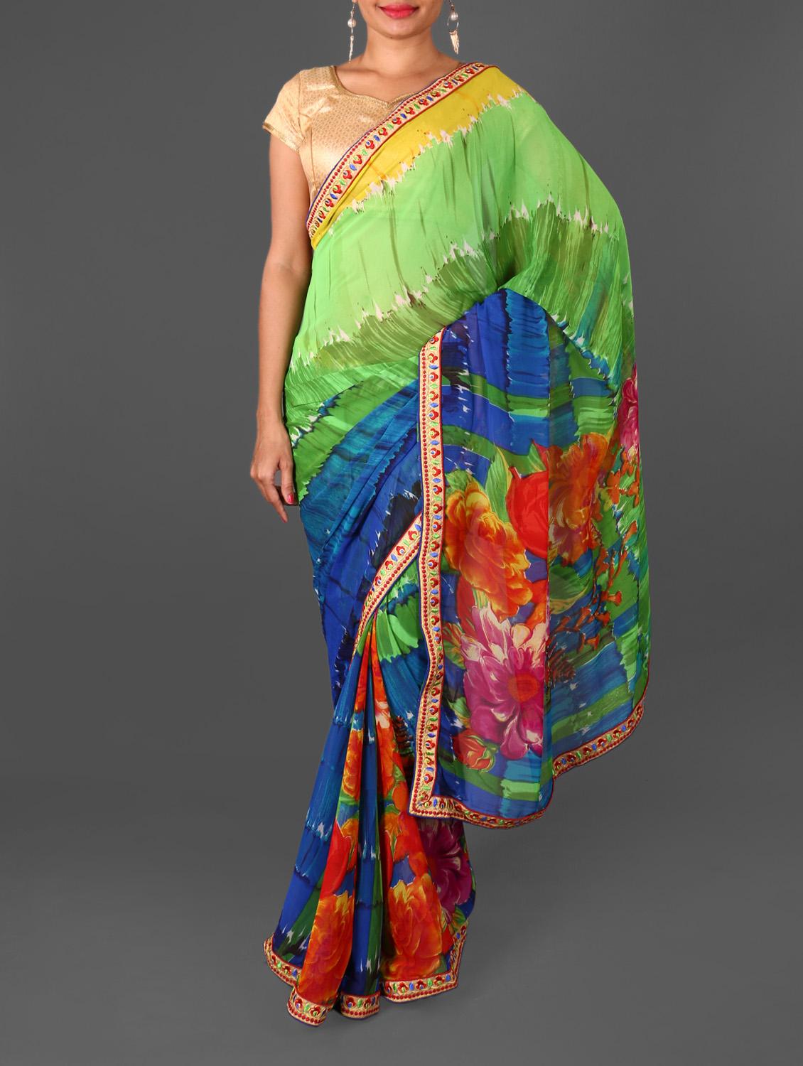 Gota Border Floral Print Georgette Saree - Jmilan