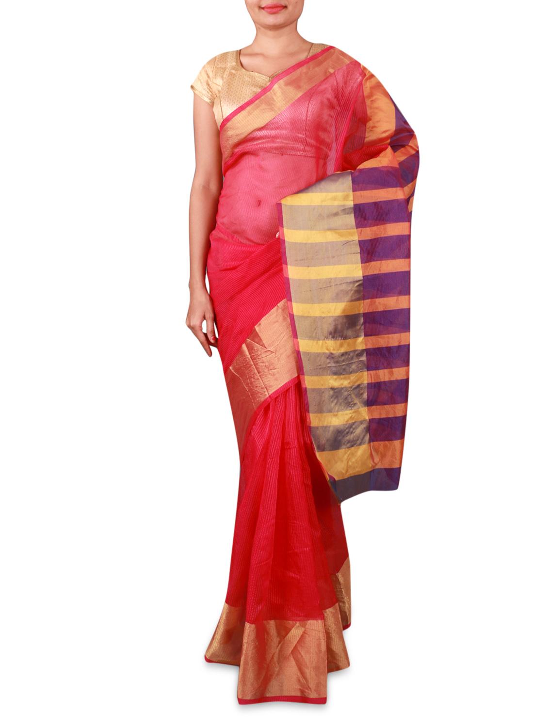 Red Cotton Silk Saree With Striped Aanchal - By