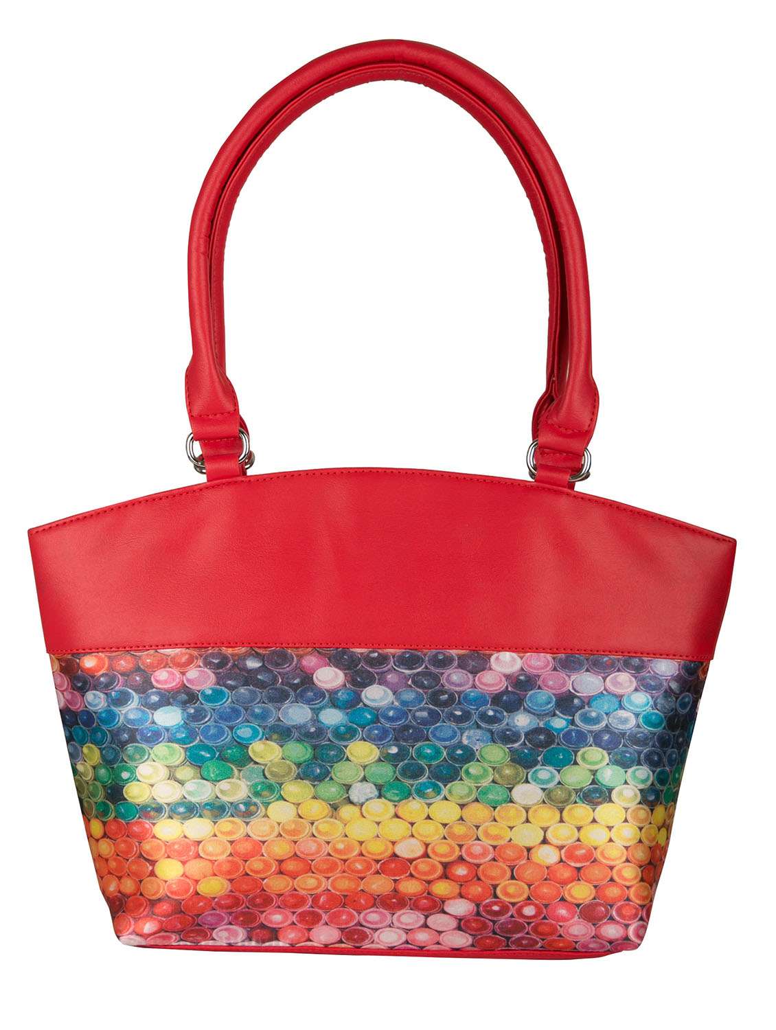 red leatherette printed handbag