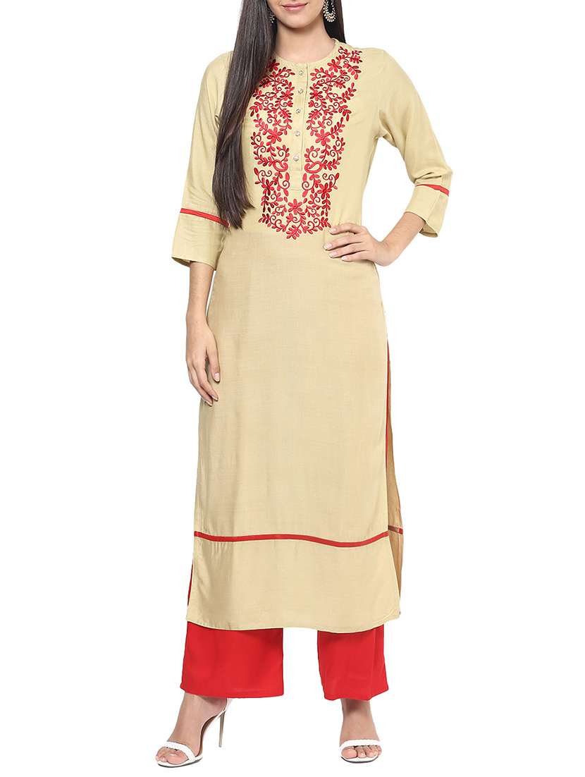 beige rayon embroidered kurta