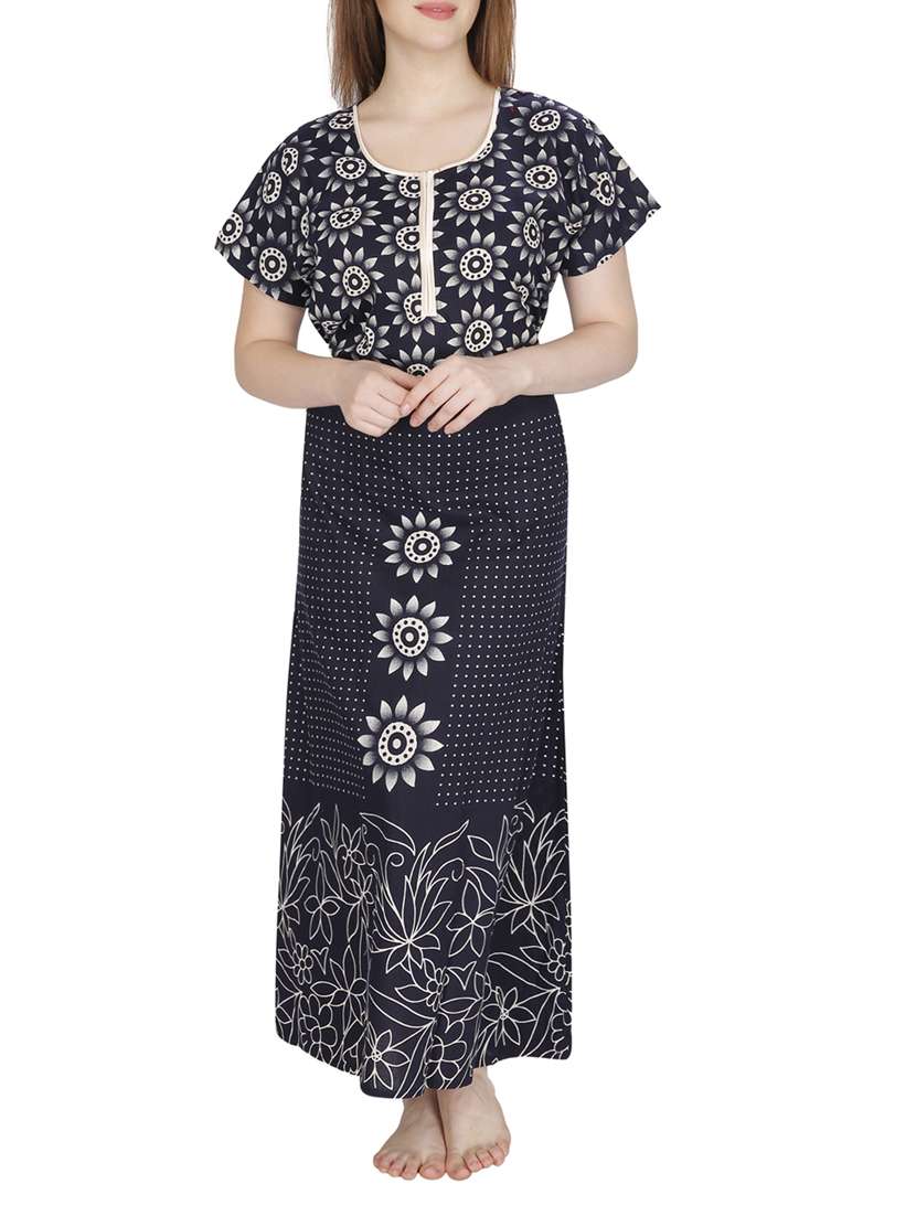navy blue printed cotton nighty