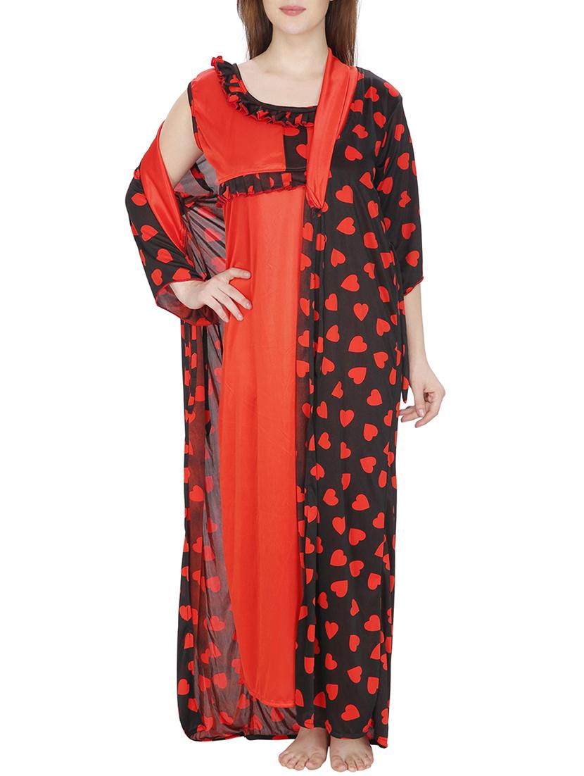 red printed satin robe and nighty set - 11748378 - Standard Image - 1