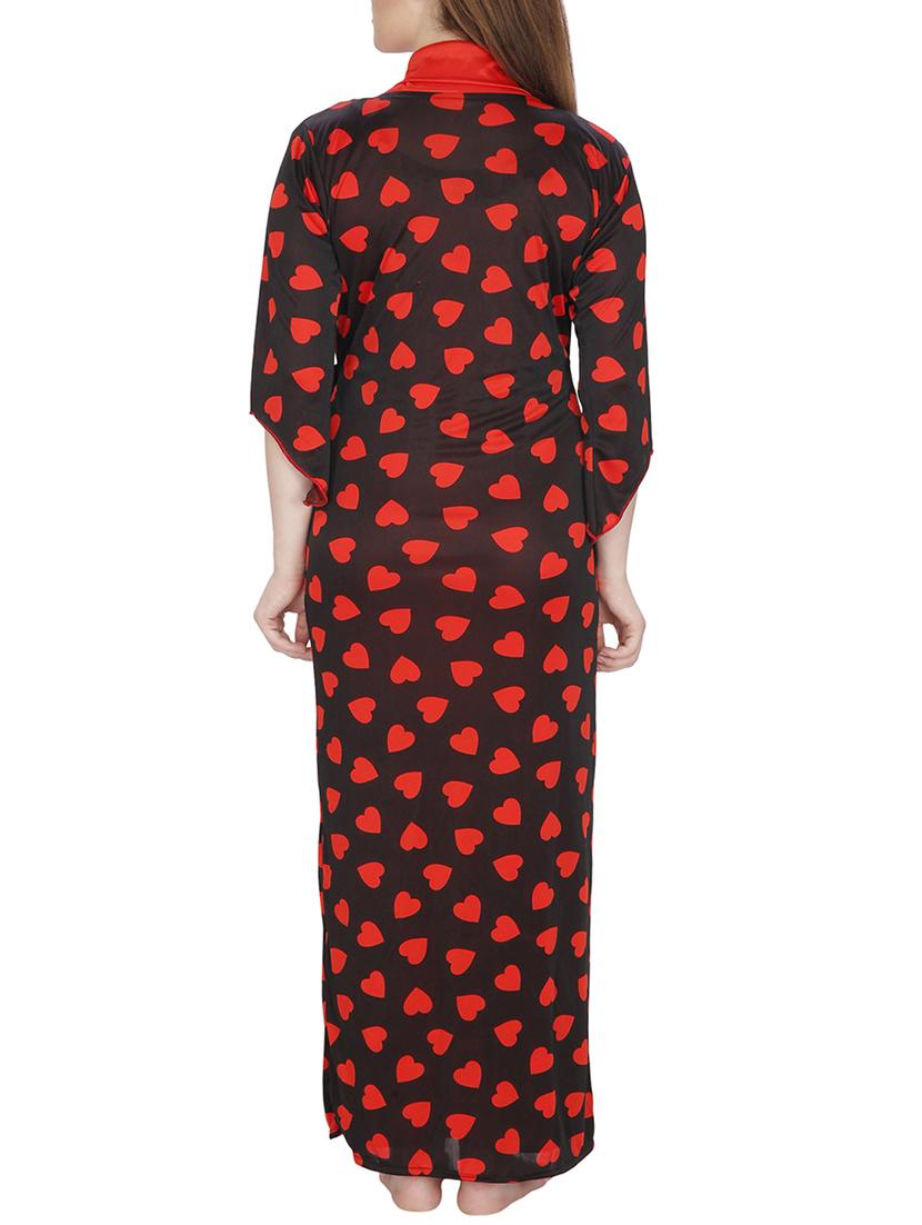 red printed satin robe and nighty set - 11748378 - Standard Image - 4