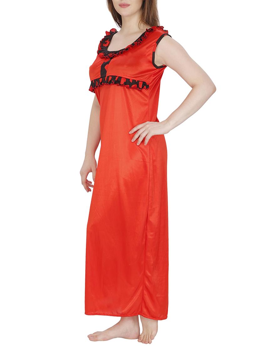 red printed satin robe and nighty set - 11748378 - Standard Image - 6