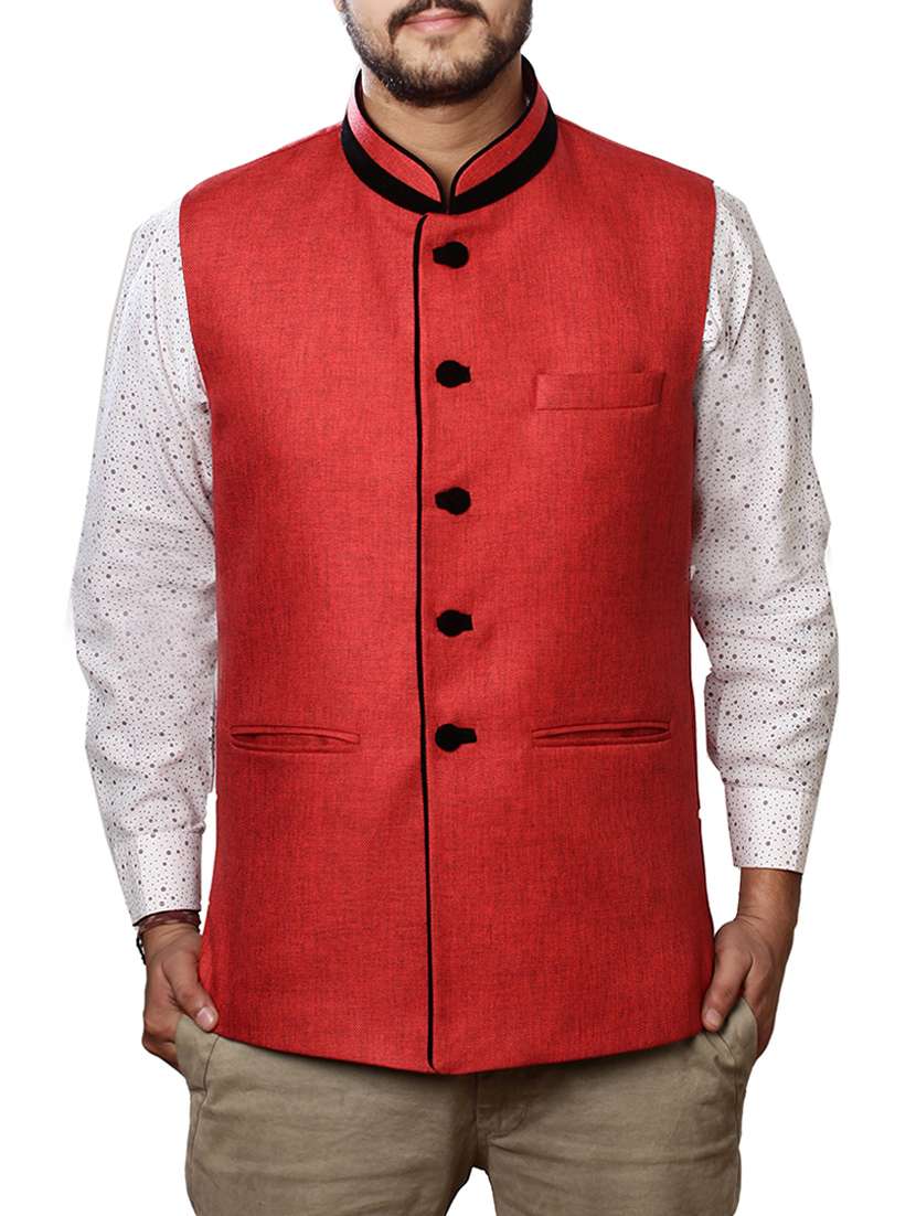 red cotton nehru jacket