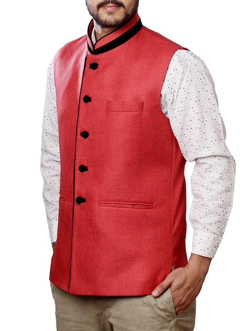 red cotton nehru jacket - 11757445 -  Standard Image - 1