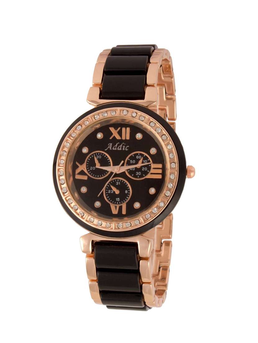 black embellished stainless steel wrist watch
