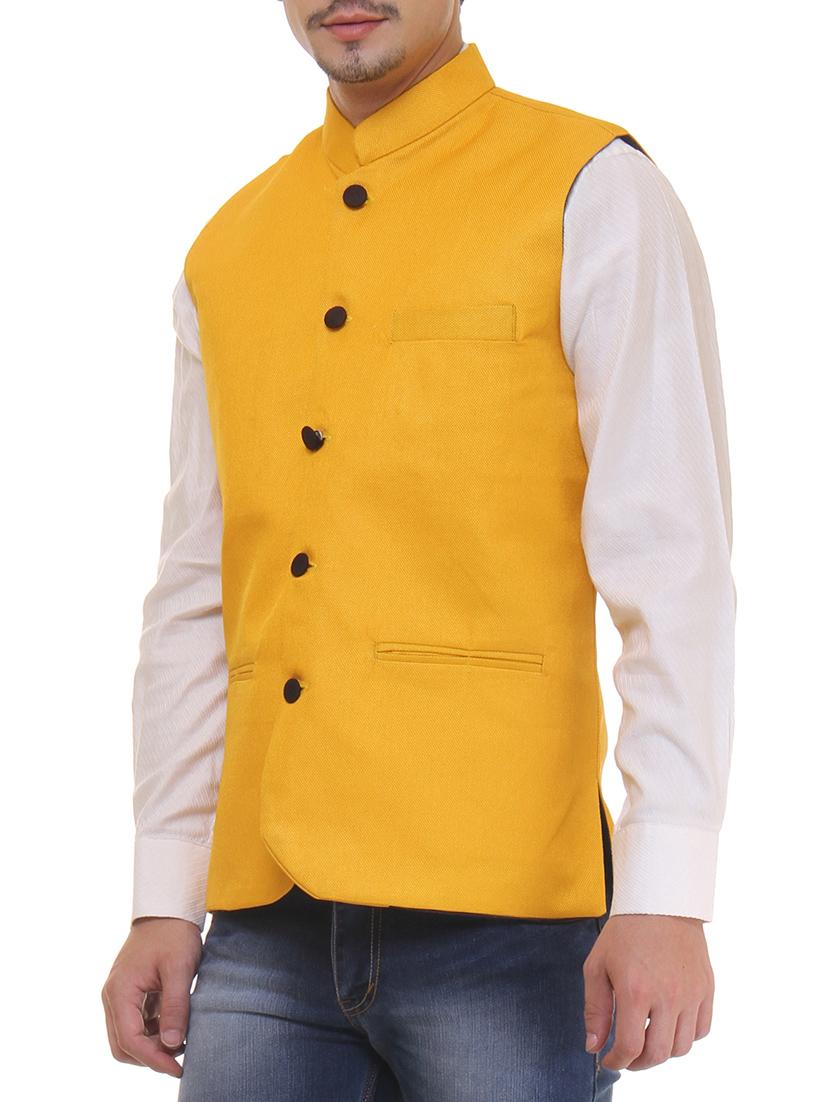 solid yellow cotton nehru jacket - 11764113 - Standard Image - 1