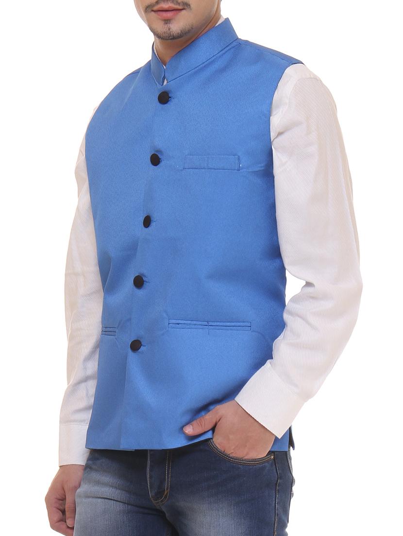 light blue cotton nehru jacket - 11764116 - Standard Image - 1