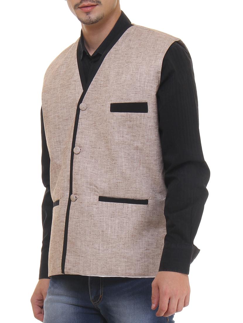 brown linen nehru jacket - 11764122 -  Standard Image - 1
