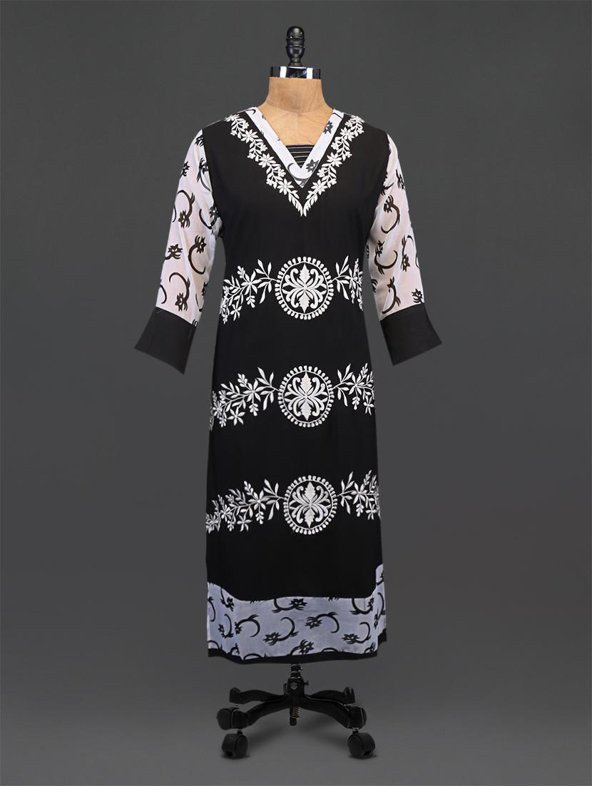 Black Embroidered Printed Georgette Kurta - By