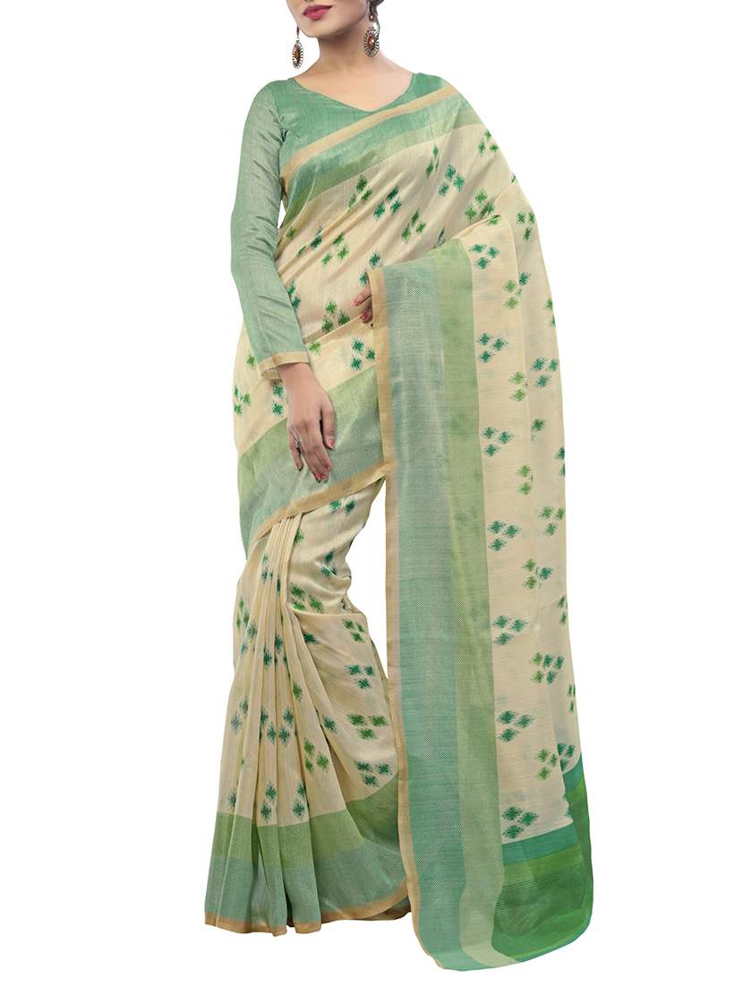 beige and green art silk woven saree with blouse