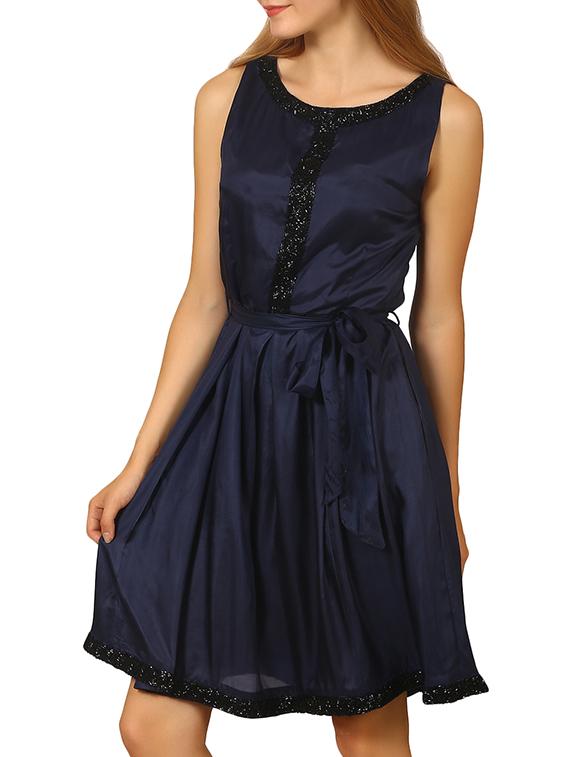 dark blue silk blend fit & flare dress - 11788430 - Standard Image - 1