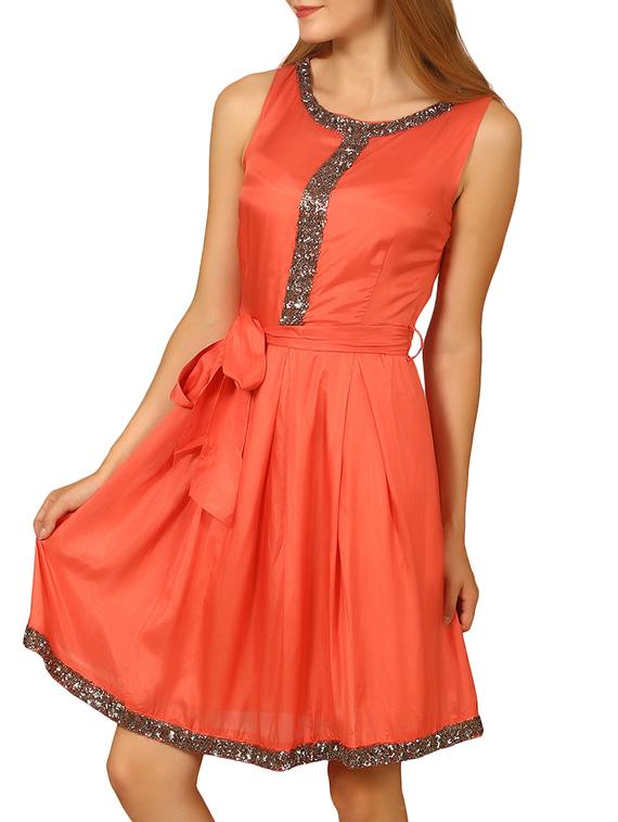 orange silk blend fit & flare dress - 11788431 - Standard Image - 1