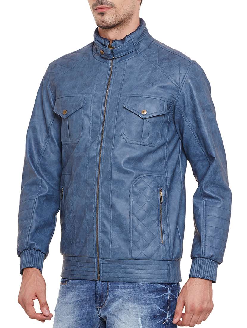 solid blue leatherette casual jacket - 11789683 - Standard Image - 1